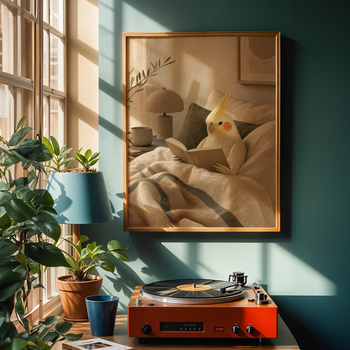 Alternate product view of Lutino Cockatiel Reading in Bed Poster.