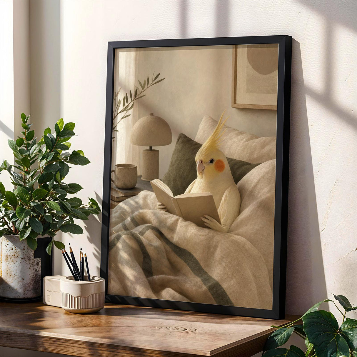 Product gallery view of Lutino Cockatiel Reading in Bed Poster.