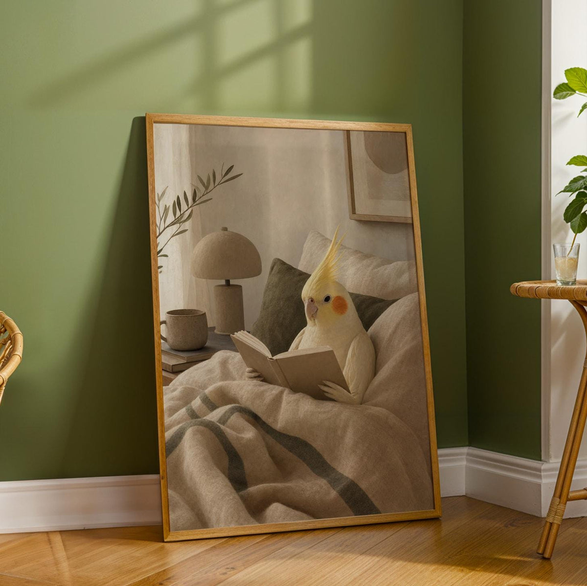 Additional product detail of Lutino Cockatiel Reading in Bed Poster.