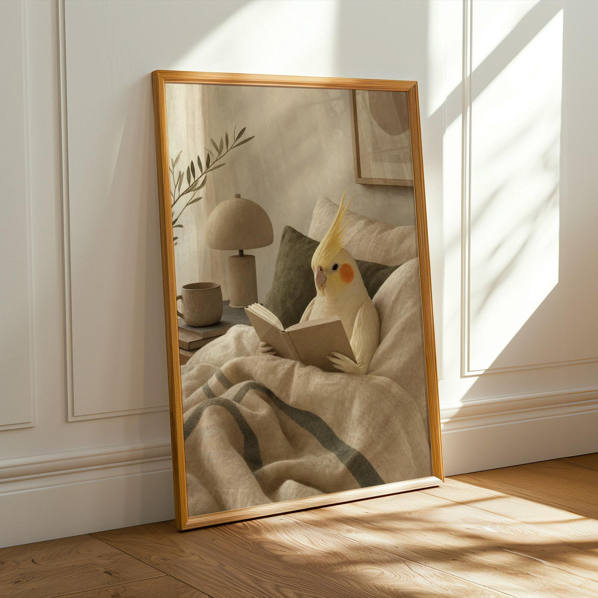 Alternate product presentation of Lutino Cockatiel Reading in Bed Poster.