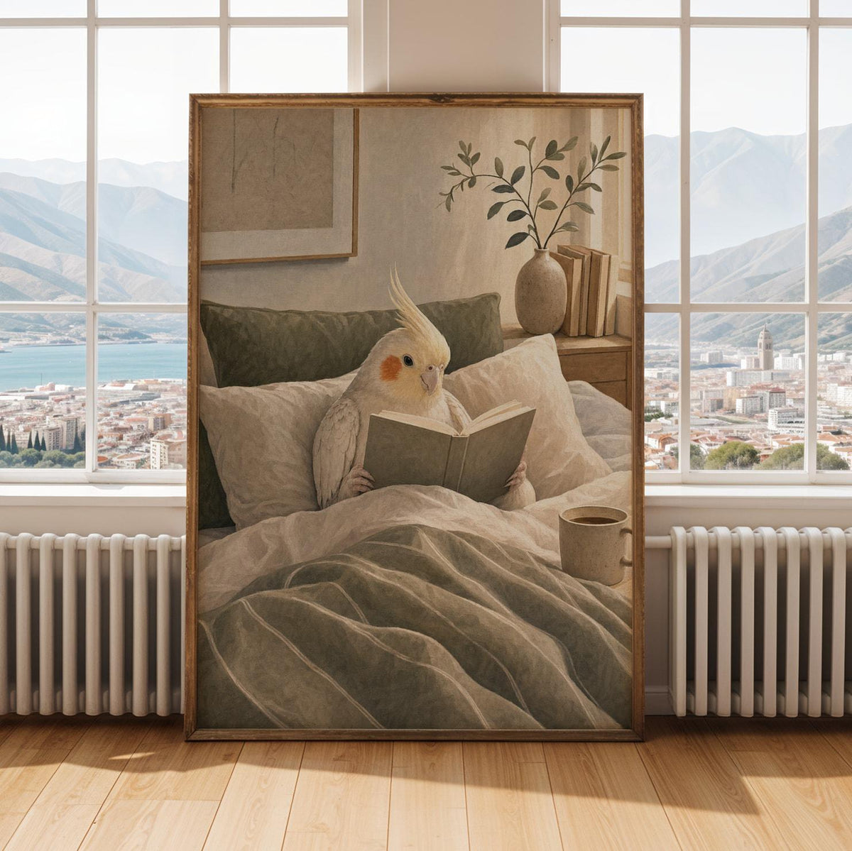 Alternate gallery view of Pearl Cockatiel Reading in Bed Poster.