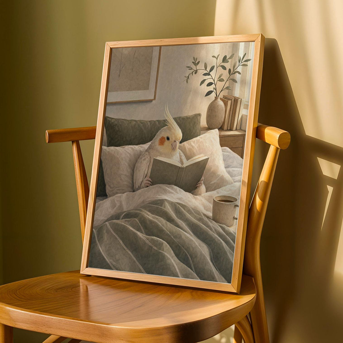 Product detail view of Pearl Cockatiel Reading in Bed Poster.