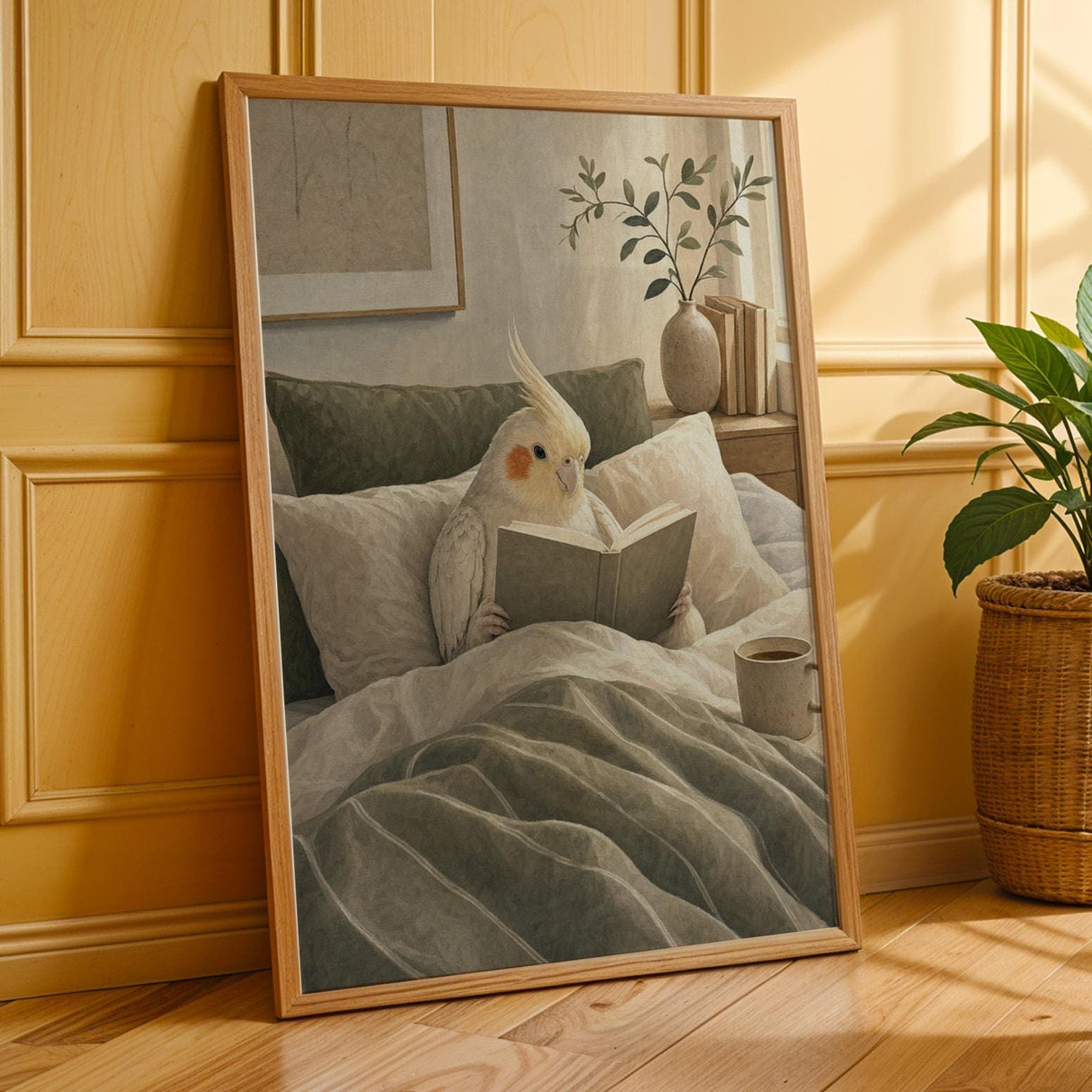 Additional product presentation of Pearl Cockatiel Reading in Bed Poster.
