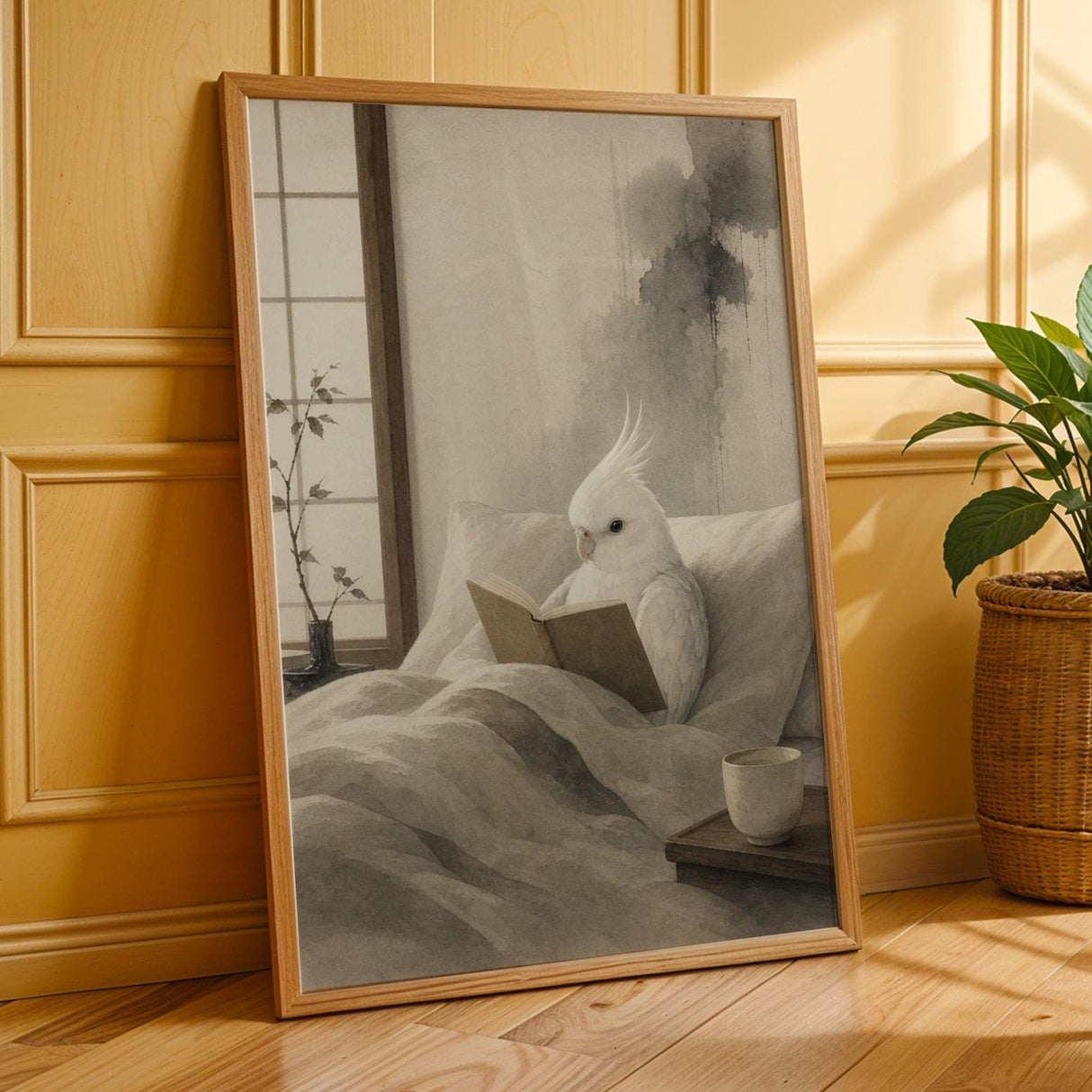 Additional product presentation of the cockatiel reading poster.