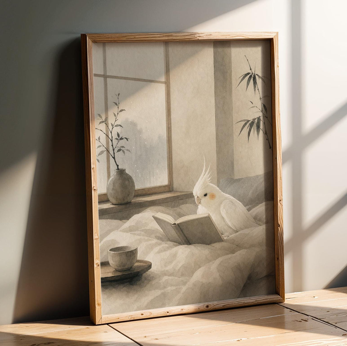 Product presentation view of Albino Cockatiel Reading in Bed Poster.