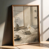 Product presentation view of Albino Cockatiel Reading in Bed Poster.