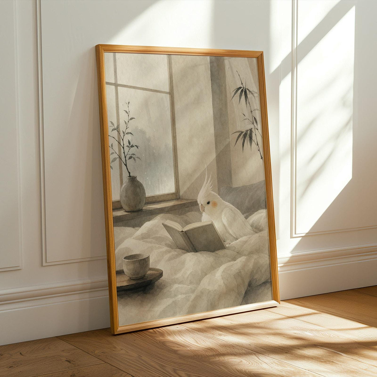 Alternate product presentation of Albino Cockatiel Reading in Bed Poster.
