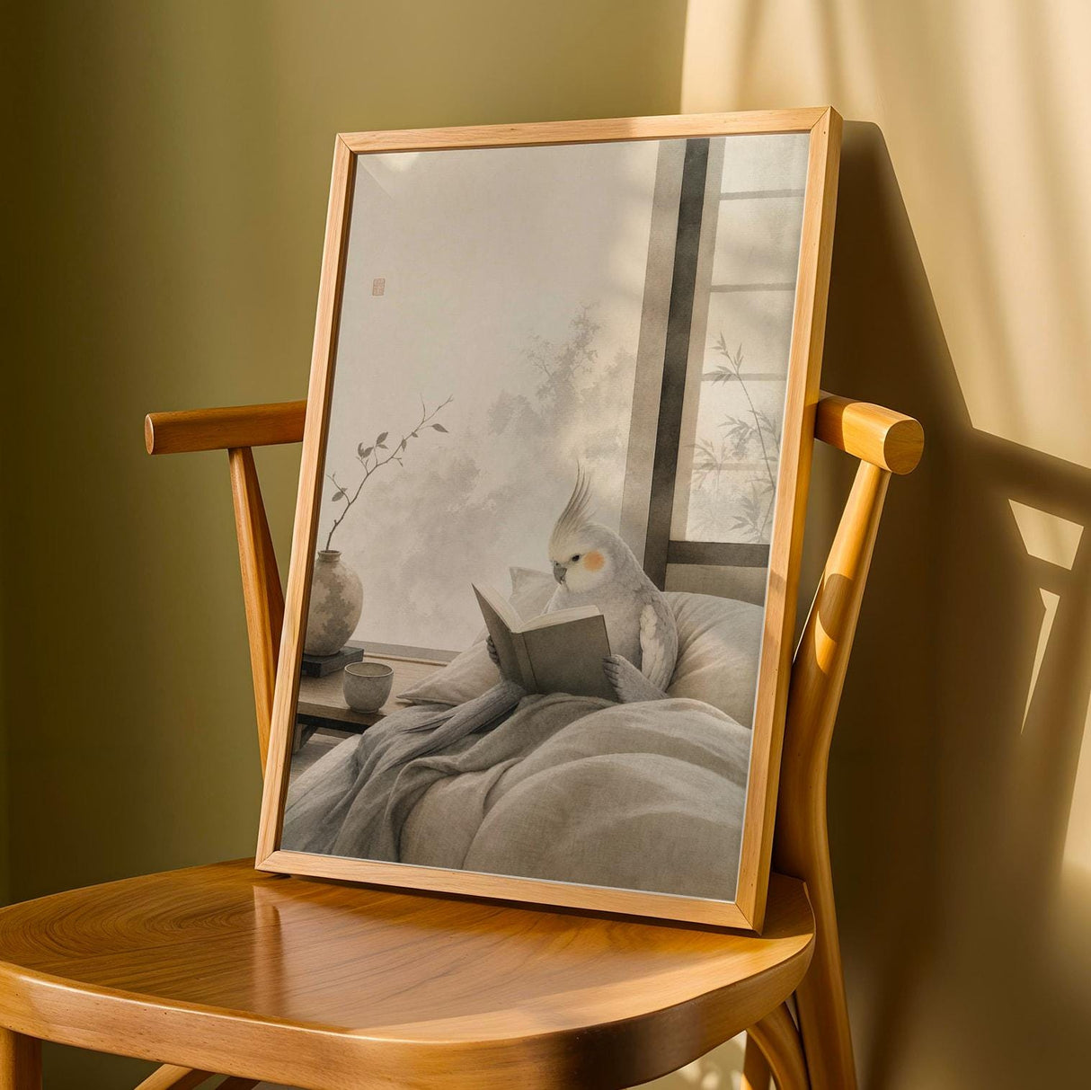 Product detail view of Light Silver Cockatiel Reading in Bed Poster.