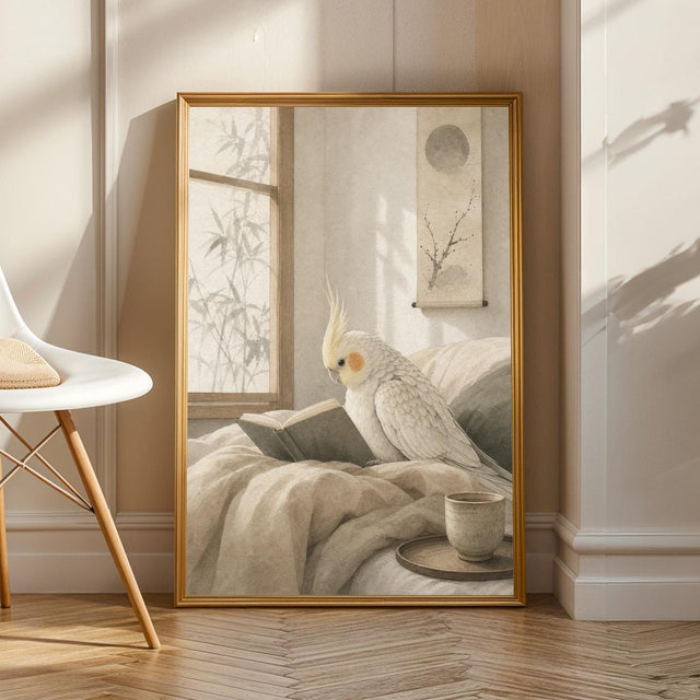 Product view of Pearl Cockatiel Reading in Bed Poster.