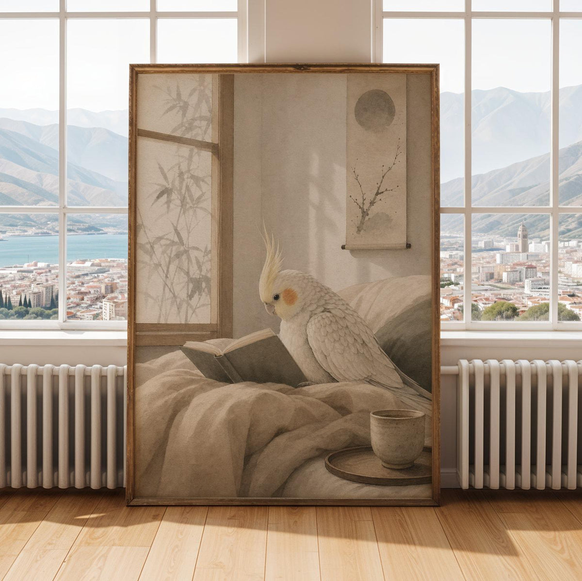 Alternate gallery view of Pearl Cockatiel Reading in Bed Poster.