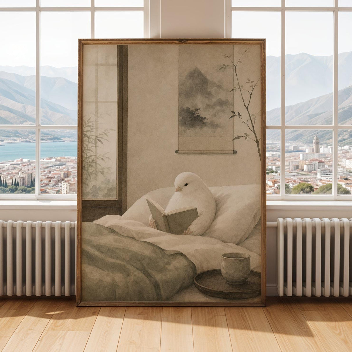 Alternate gallery view of White Gloster Canary Reading in Bed Poster.