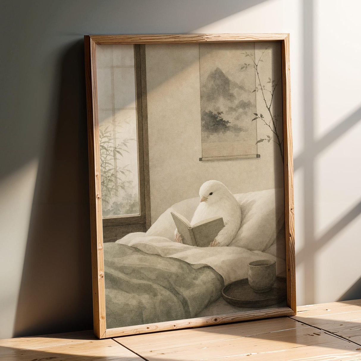 Product presentation view of White Gloster Canary Reading in Bed Poster.