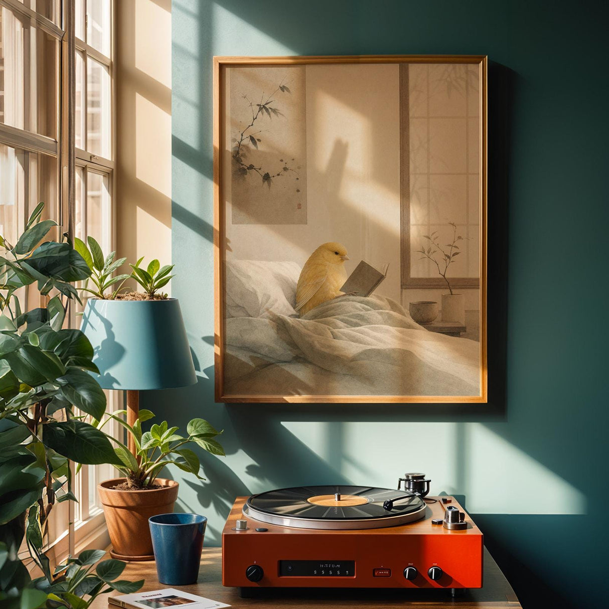 Alternate product view of American Singer Canary Reading in Bed Poster.
