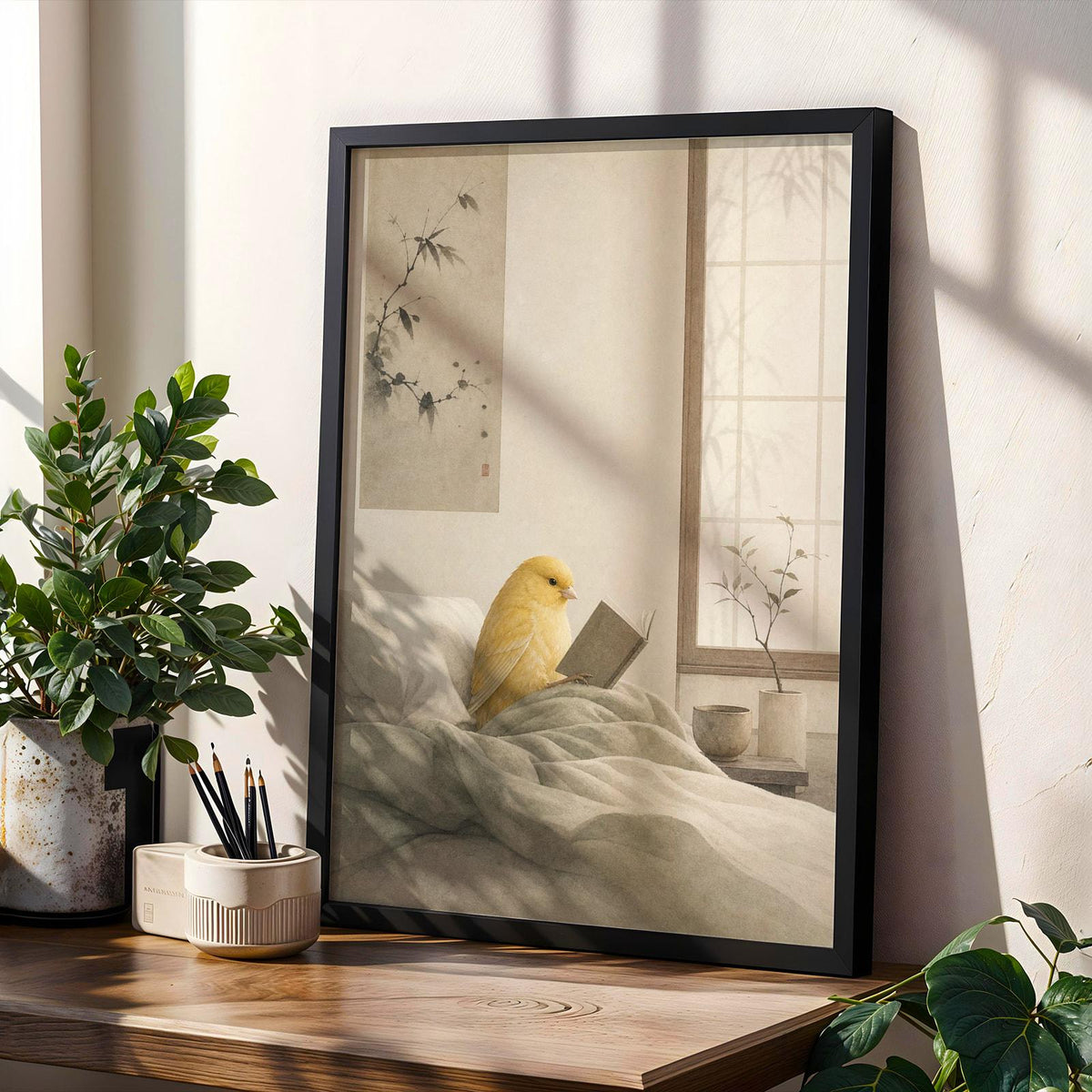 Product gallery view of American Singer Canary Reading in Bed Poster.