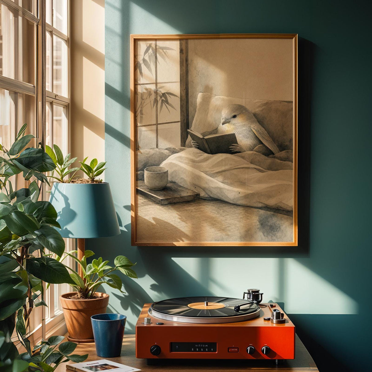 Alternate product view of Silver Lizard Canary Reading in Bed Poster.