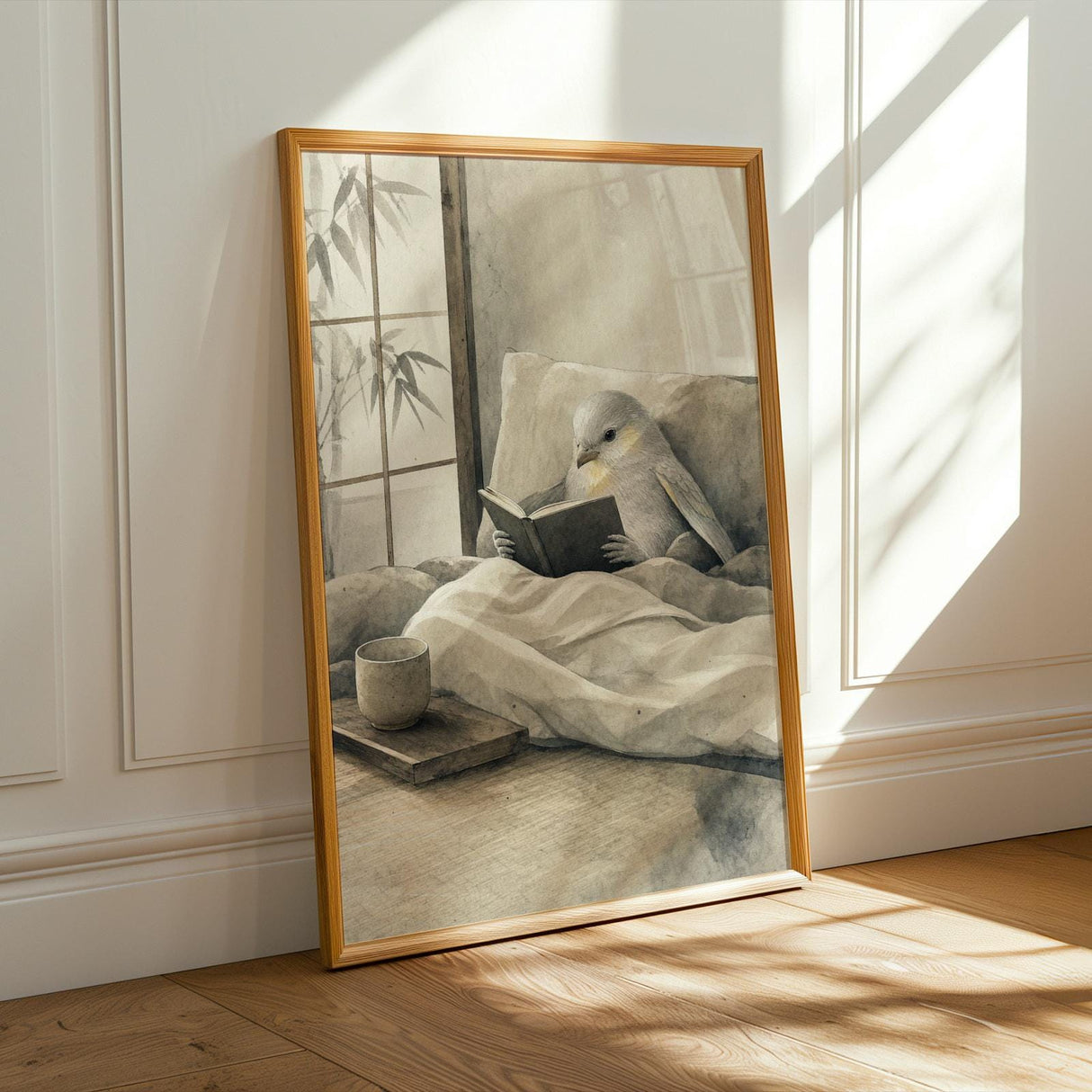 Alternate product presentation of Silver Lizard Canary Reading in Bed Poster.