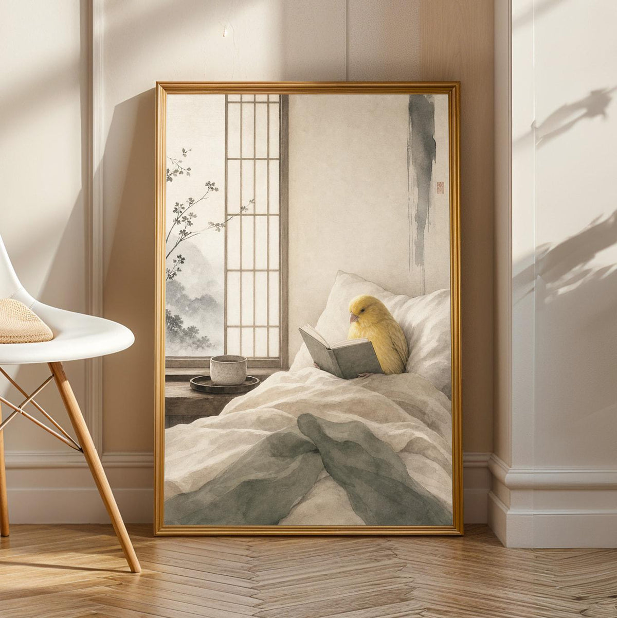 Product view of Waterslager Canary Reading in Bed Poster.