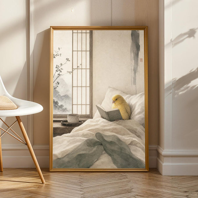 Product view of Waterslager Canary Reading in Bed Poster.
