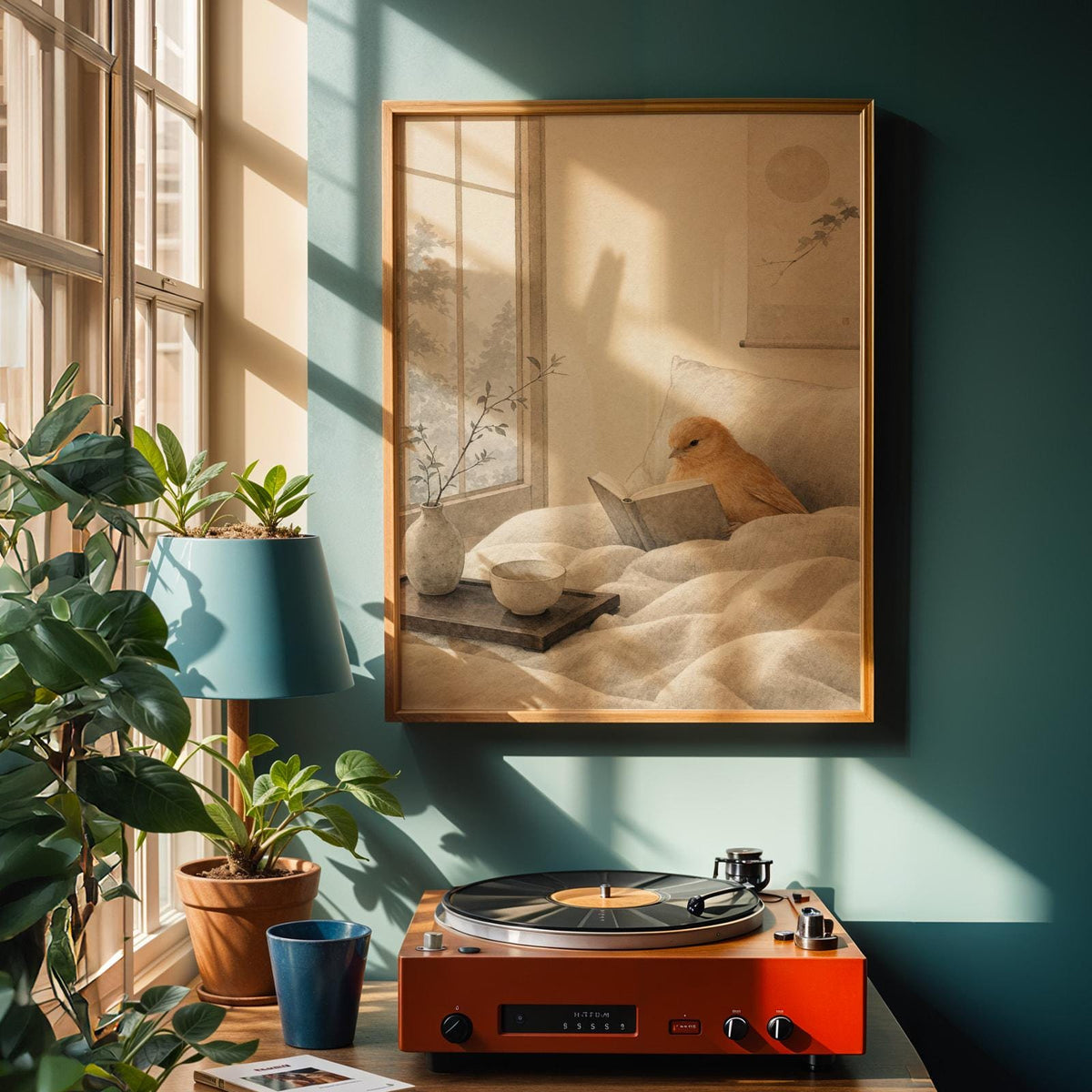 Alternate product view of Cinnamon Canary Reading in Bed Poster.