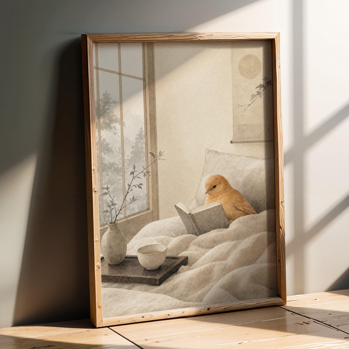 Product presentation view of Cinnamon Canary Reading in Bed Poster.