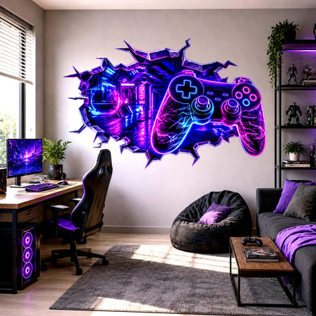 3D broken wall vinyl decal with a glowing neon game controller in purple and blue.