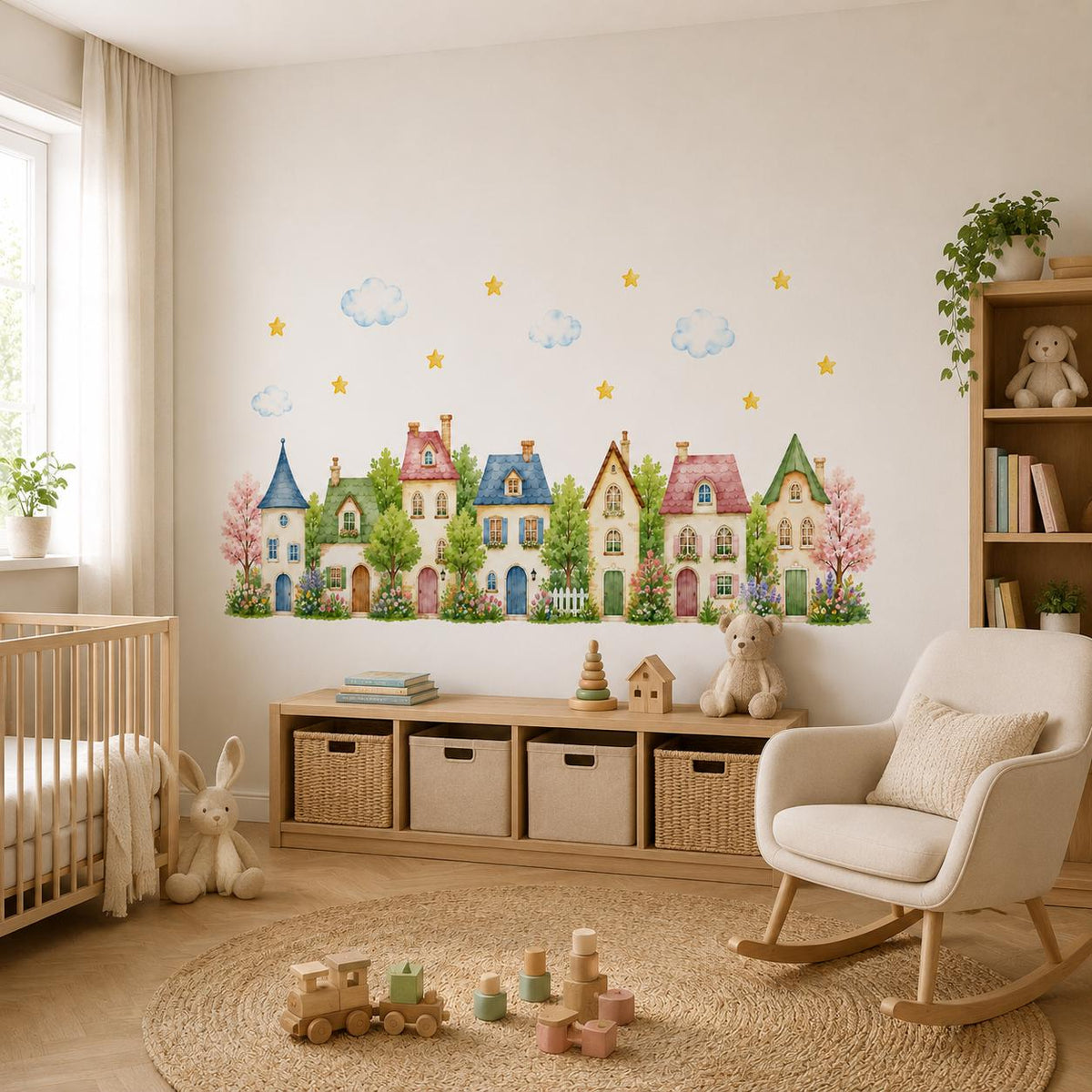 Alternate product presentation of Watercolor Village Houses Wall Vinyl Decal.