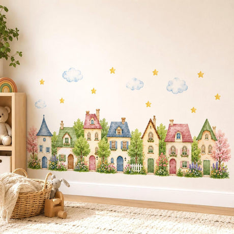 Watercolor wall vinyl decal of a cute row of pastel village houses with trees and flowers and clouds.