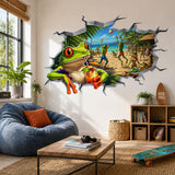 Weird Frog Beach Wall Vinyl Decal | 3D Broken Wall Illusion Sticker | Funny Tropical Volleyball Scene | Gamer Teen Room Decor