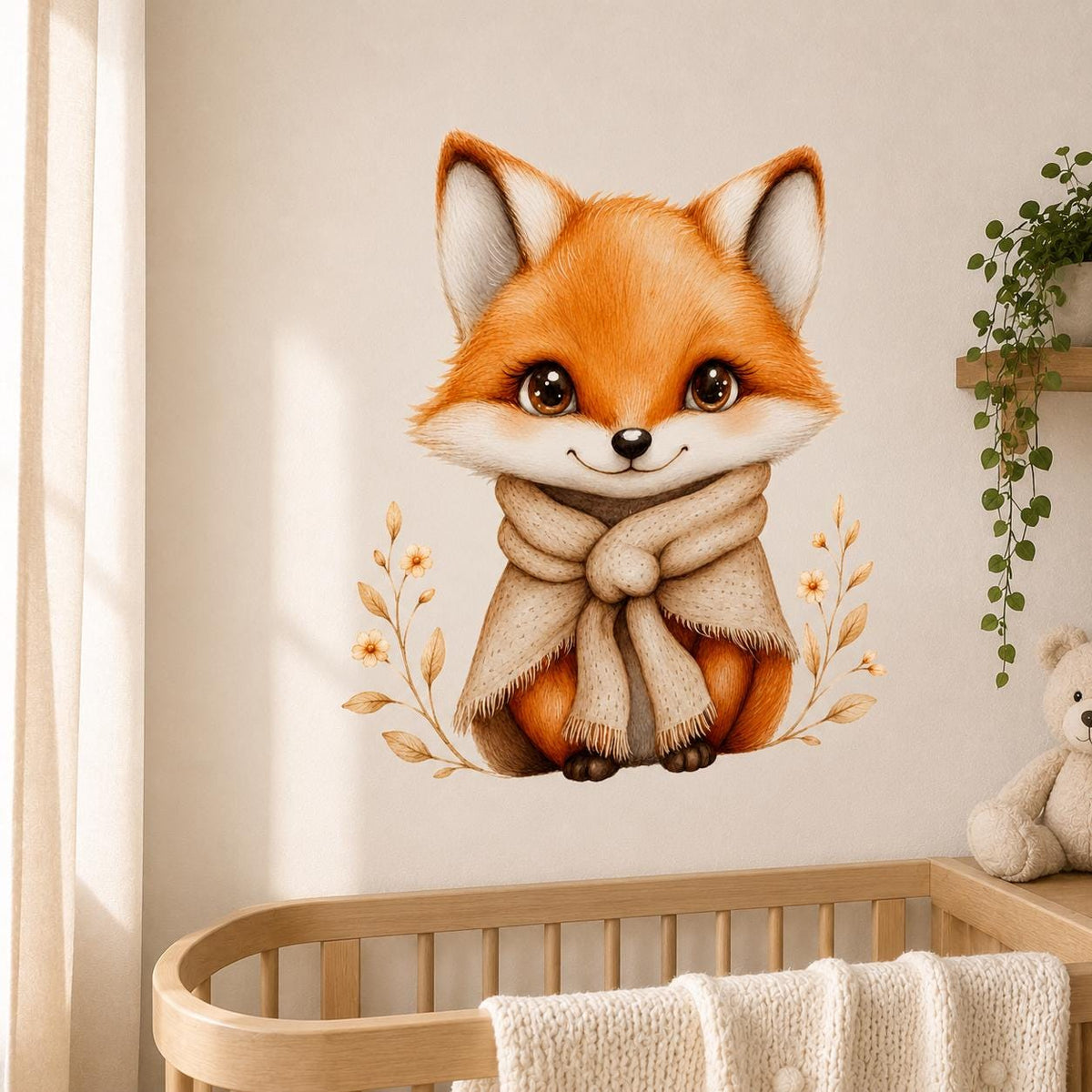 Cute Fox Wall Vinyl Decal | Watercolor Baby Fox Sticker With Scarf | Woodland Nursery Wall Art | Kids Room Cottage Boho Decor