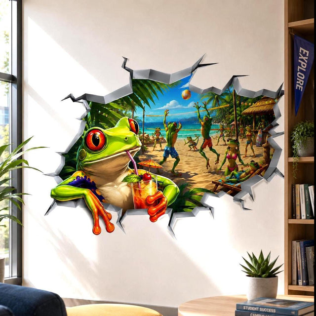 3D broken wall vinyl decal showing a weird frog drinking a cocktail in the foreground.