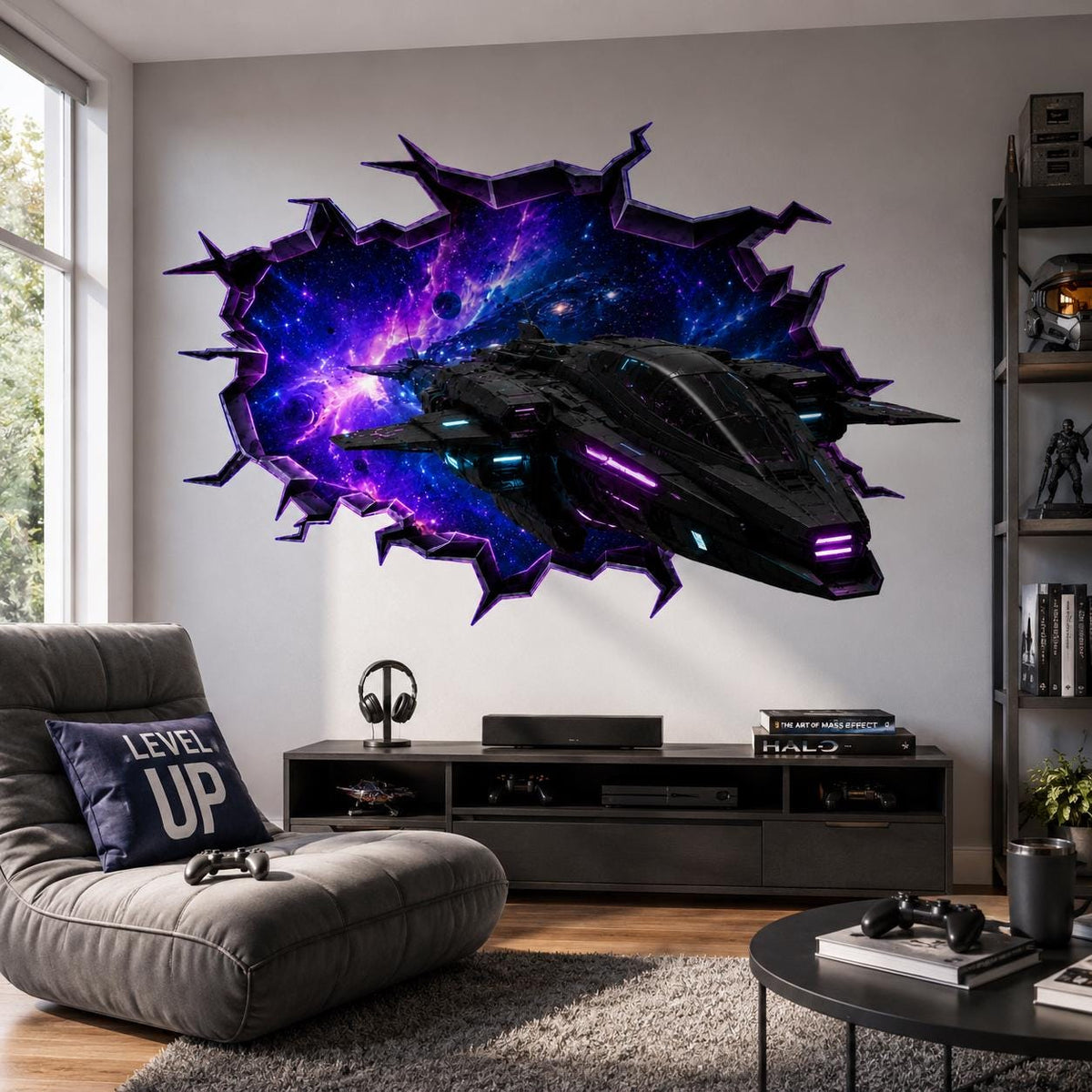 Spaceship Wall Vinyl Decal | Neon Galaxy Broken Wall Illusion Sticker | Sci Fi Space Fighter Wall Art | Gamer Teen Room Decor