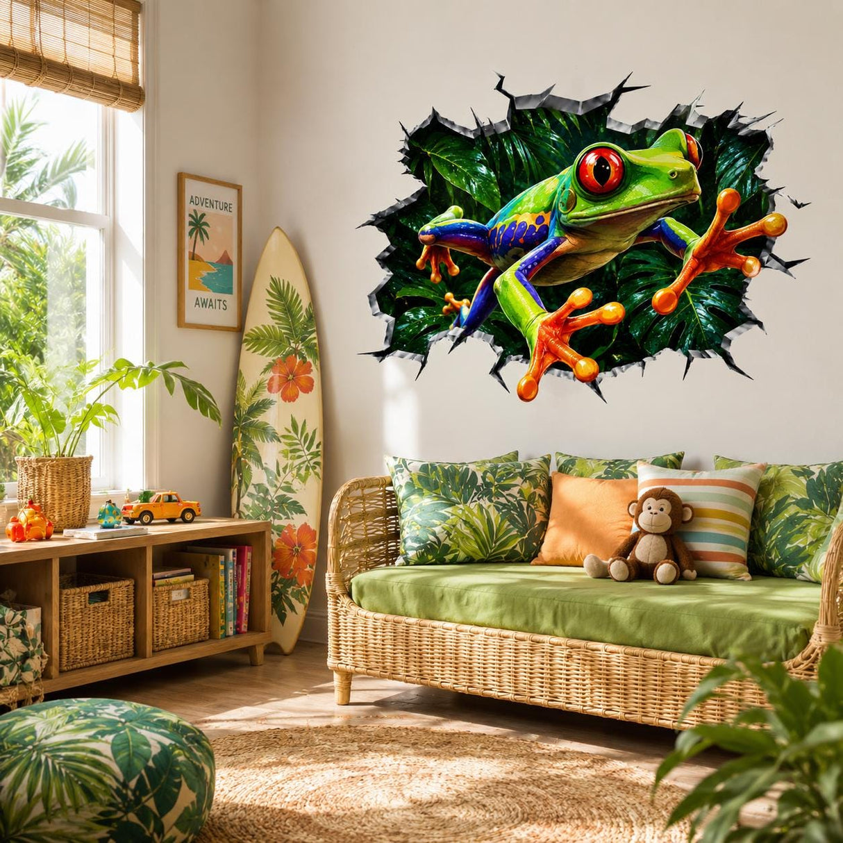 Weird Frog Wall Vinyl Decal | Broken Wall Illusion Sticker | Colorful Jungle Tree Frog Wall Art | Funny Tropical Room Decor