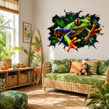 Weird Frog Wall Vinyl Decal | Broken Wall Illusion Sticker | Colorful Jungle Tree Frog Wall Art | Funny Tropical Room Decor