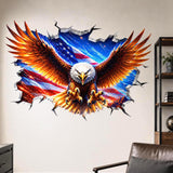 3D broken wall vinyl decal of a bald eagle with wings spread in front of an American flag background.