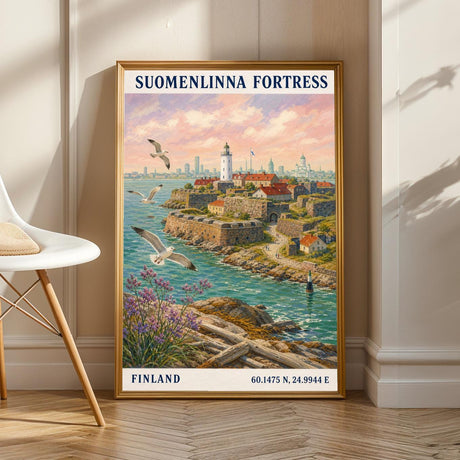 Suomenlinna Fortress Art Print - Modern Gouache, Teal and Turquoise Seascape