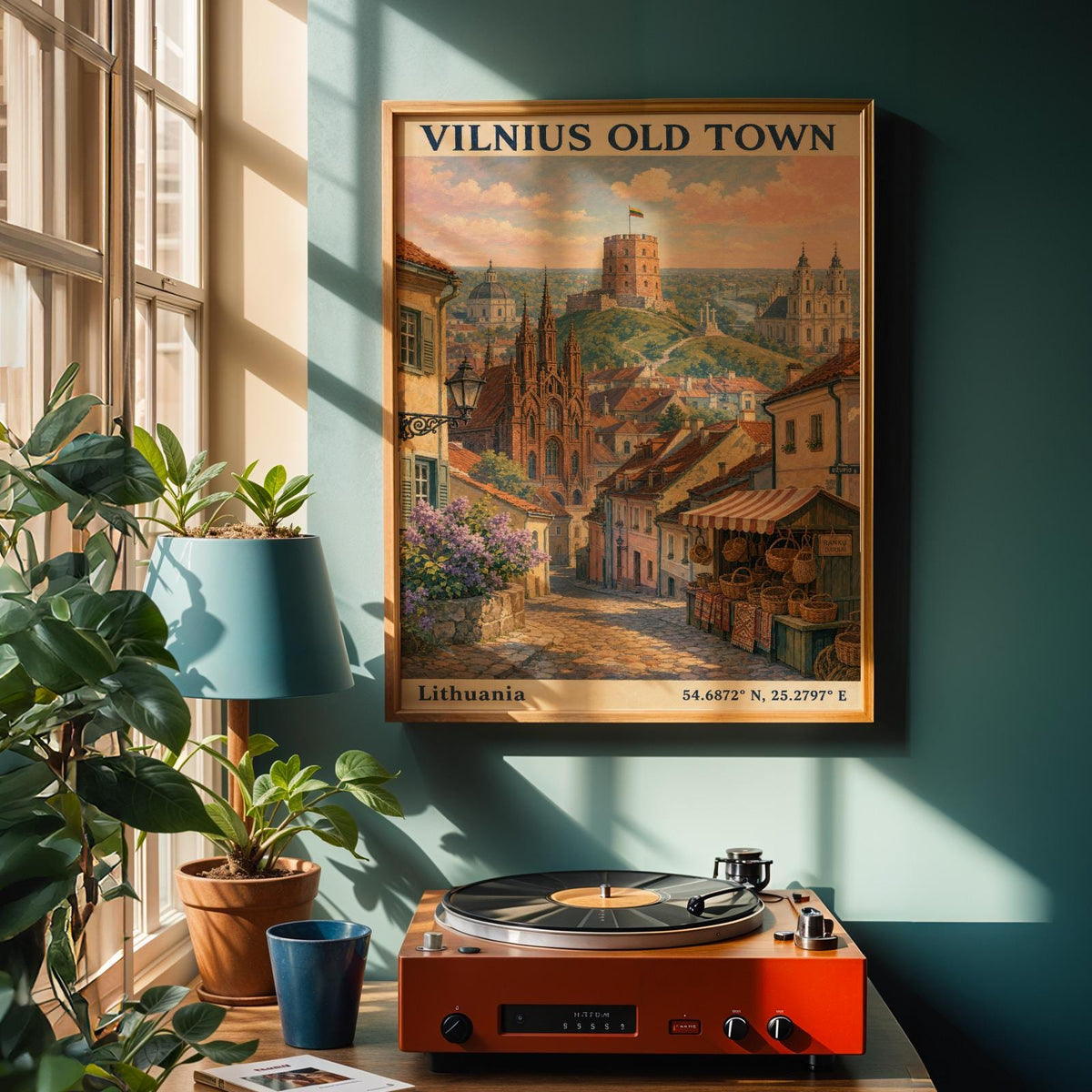 Vilnius Old Town Art Print - Modern Gouache-Vintage, Navy Blue and Terracotta Orange.