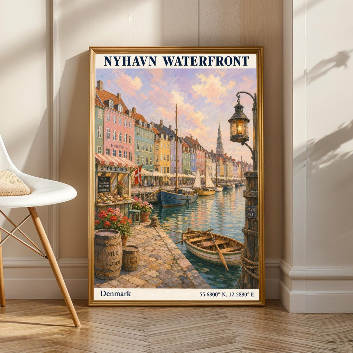Nyhavn Copenhagen travel poster with a navy blue waterfront cityscape.