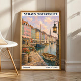 Nyhavn Copenhagen travel poster with a navy blue waterfront cityscape.