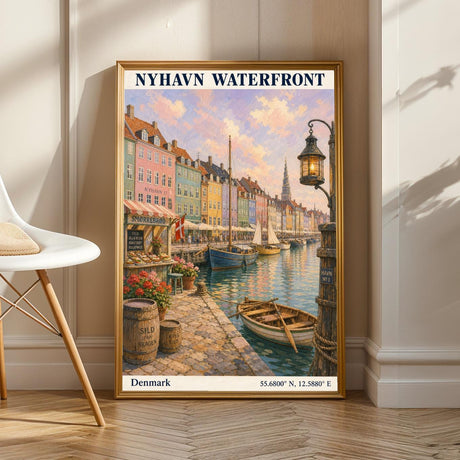 Nyhavn Copenhagen travel poster with a navy blue waterfront cityscape.