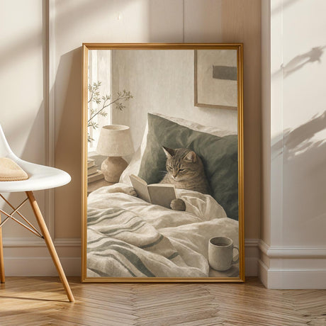 Product view of Scandinavian Cat Reading in Bed Poster.