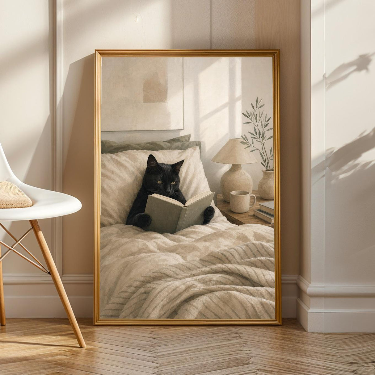 Product view of Black Cat Reading in Bed Poster.