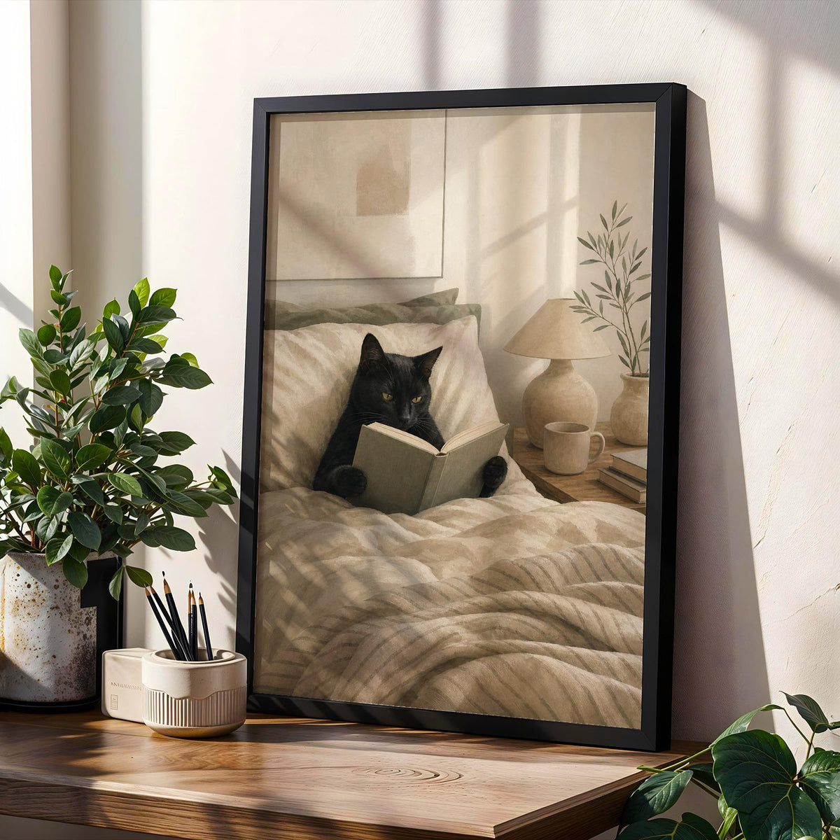 Product gallery view of Black Cat Reading in Bed Poster.