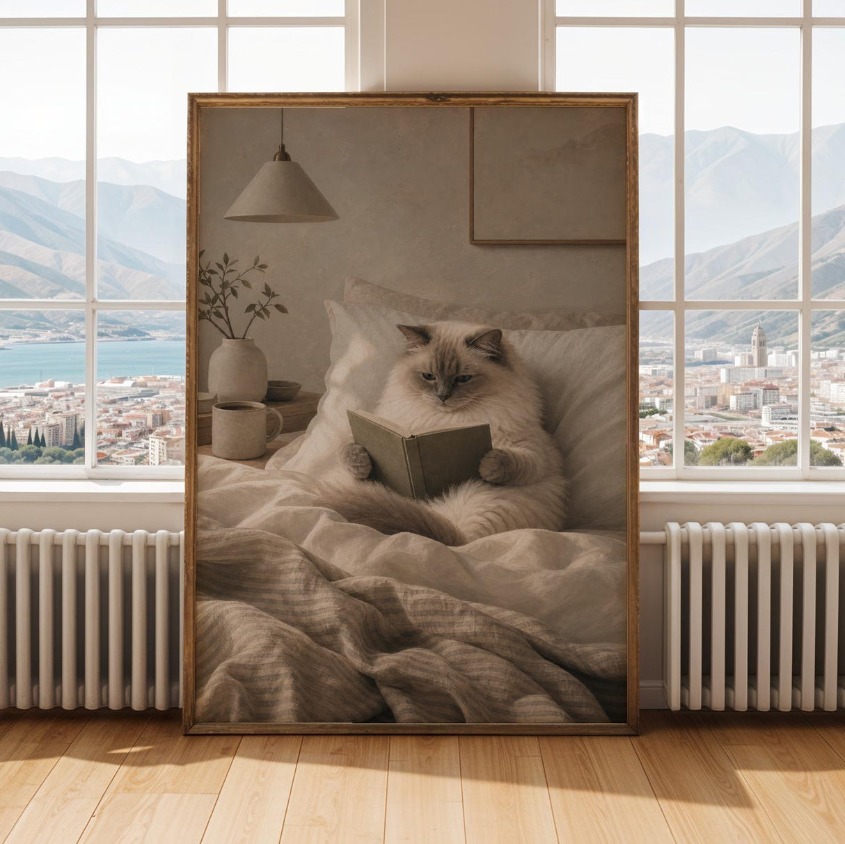 Alternate gallery view of Ragdoll Cat Reading in Bed Poster.