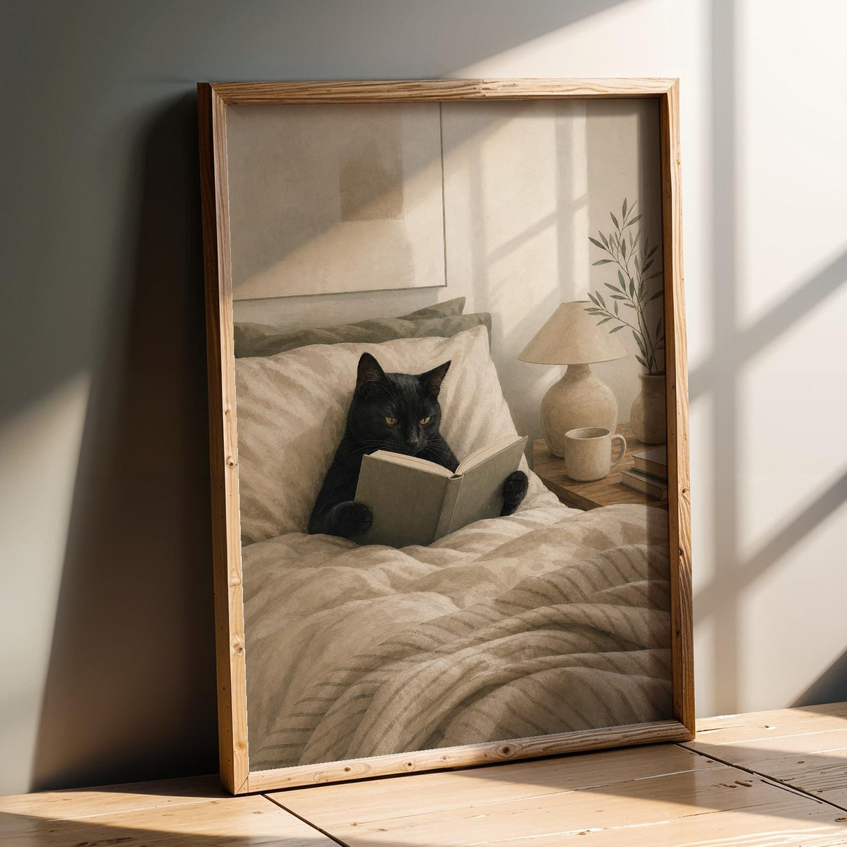 Product presentation view of Black Cat Reading in Bed Poster.