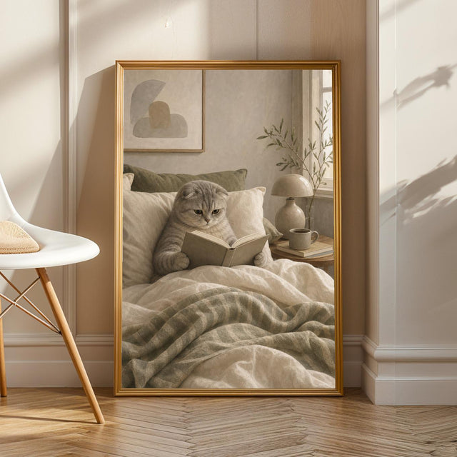 Product view of Scottish Fold Cat Reading in Bed Poster.