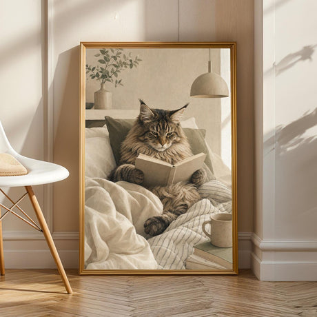 Product view of Maine Coon Cat Reading in Bed Poster.