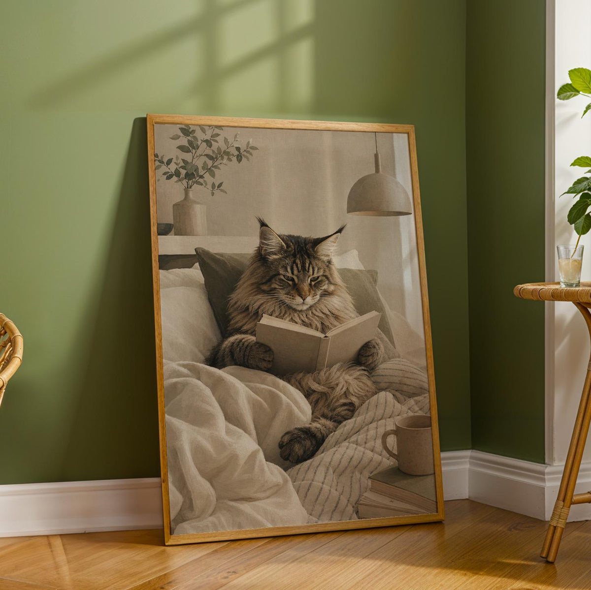 Additional product detail of Maine Coon Cat Reading in Bed Poster.