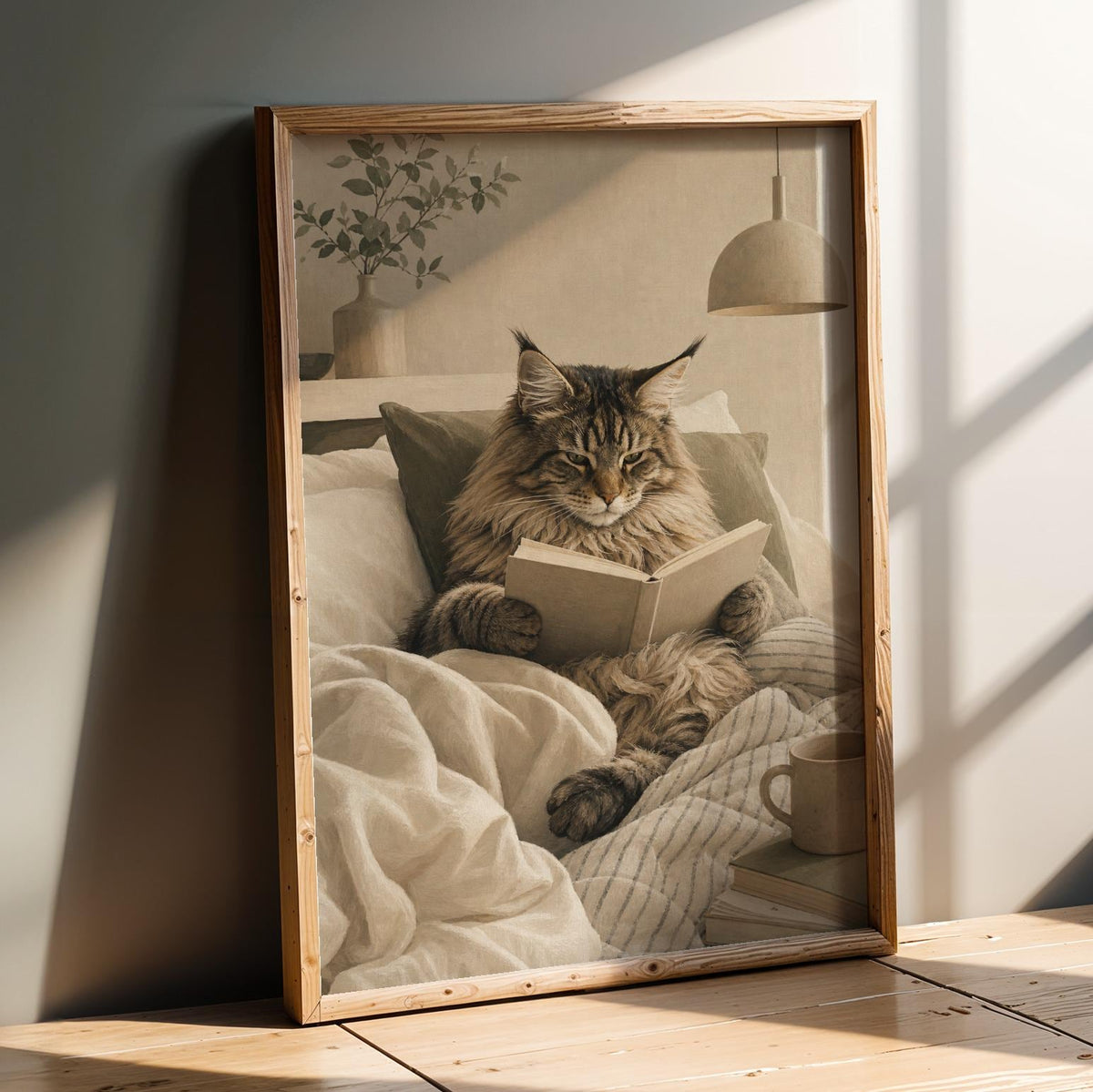 Product presentation view of Maine Coon Cat Reading in Bed Poster.