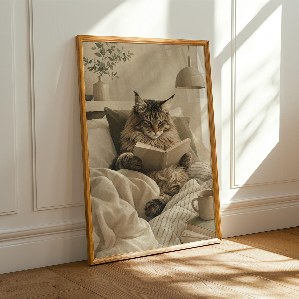 Alternate product presentation of Maine Coon Cat Reading in Bed Poster.