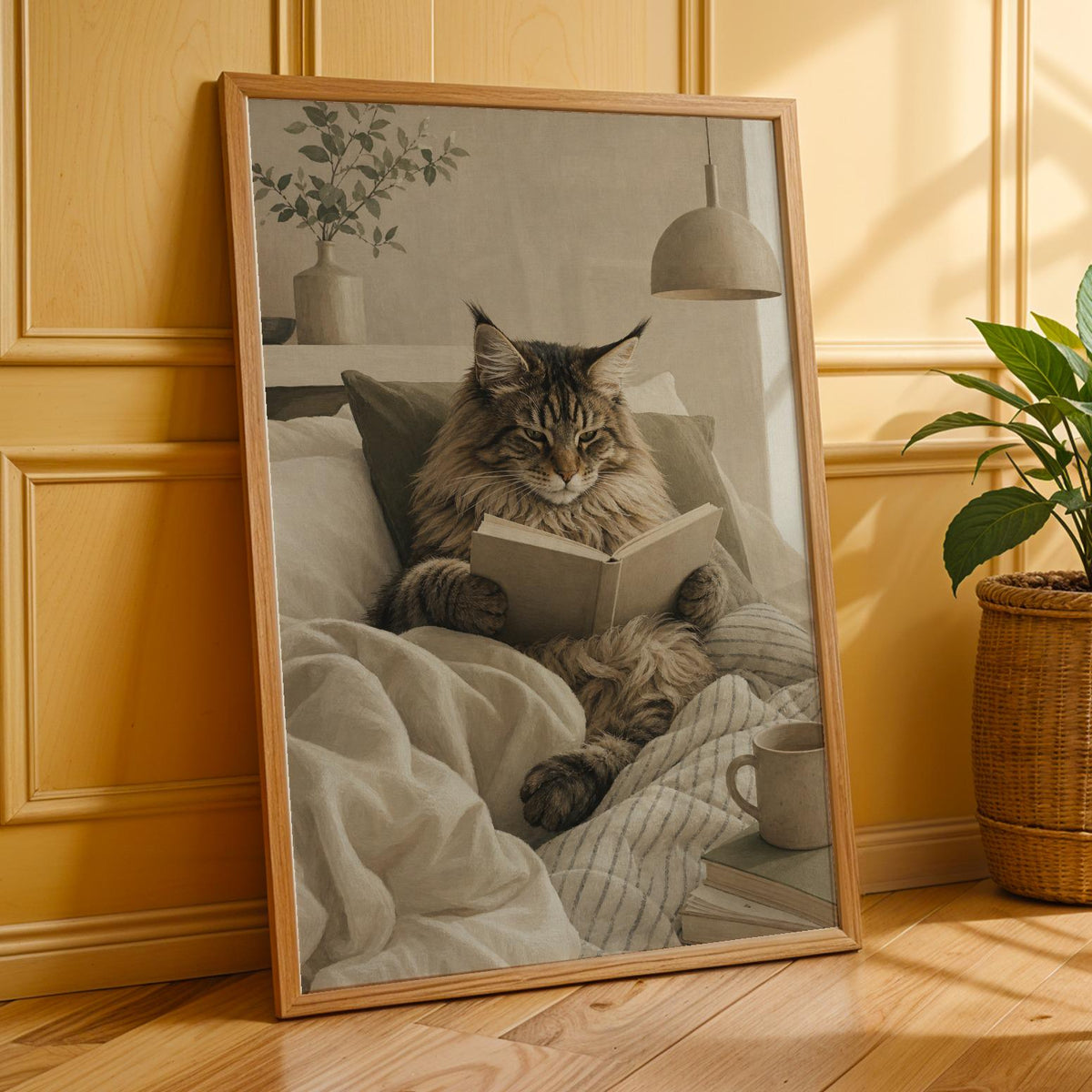 Additional product presentation of Maine Coon Cat Reading in Bed Poster.